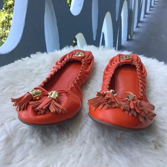 Tory Burch Brazen Burnt Orange Reese Mestico Leather Tasseled Ballet Flats - Picture 7 of 11